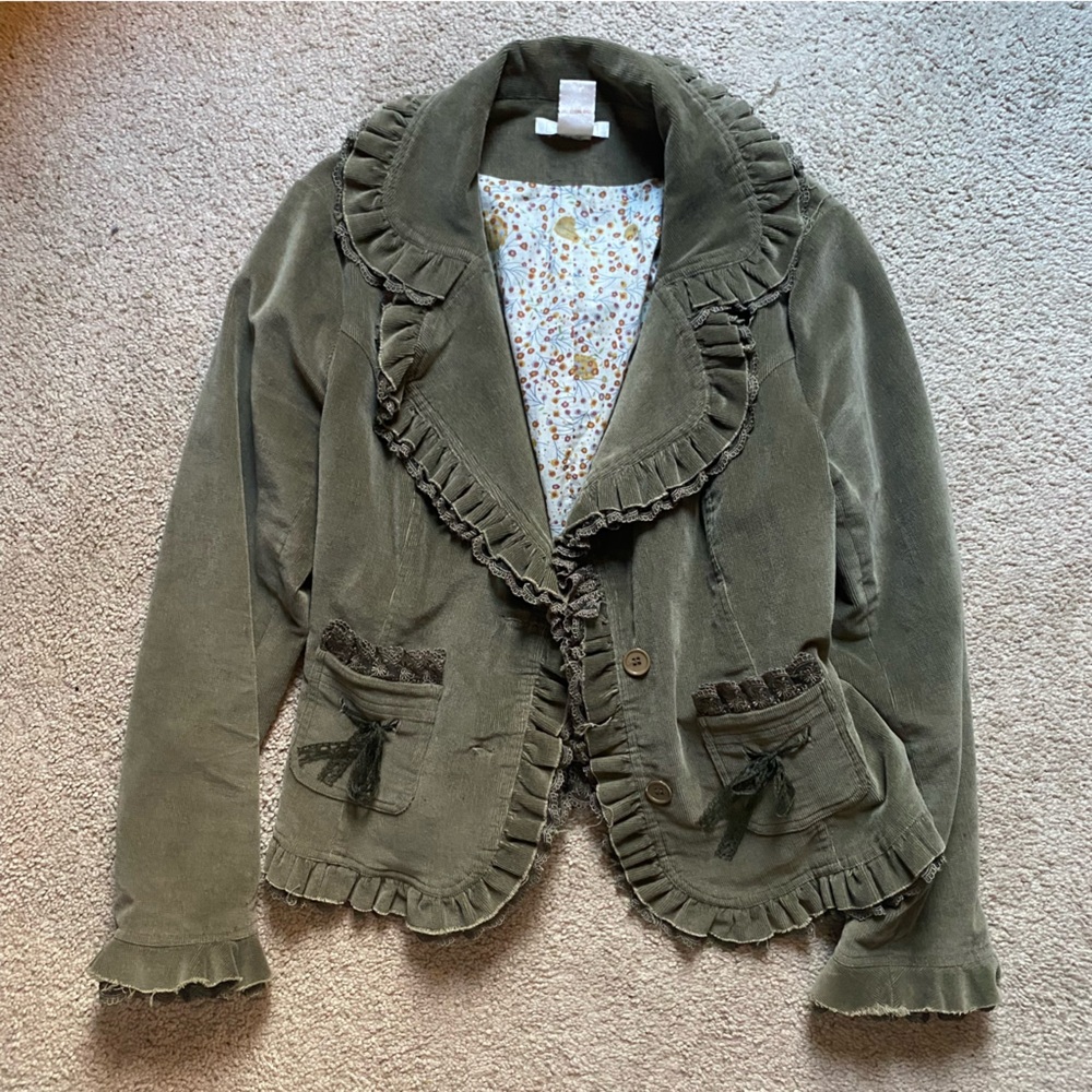 Zoe D rare forest green corduroy blazer w floral inside and lace detail